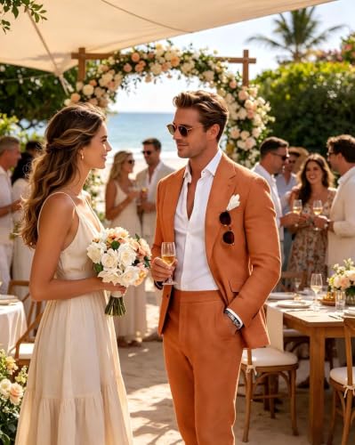 Image of Men's Linen Suit 2 Piece Slim Fit Summer Beach Wedding Prom Party | Breathable,Linen Blazer Suit Set,for Beach Weddings,Groom Wear,Prom and Outdoor Parties,Business Casual,Vacation Daily Wear
