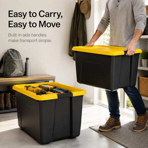 Image of Storage Bins 60 Qt Stackable with Lids 6 Pack for Garage Basemen | Durable Plastic with Side Handles - Lightweight and easy to carry. Ideal for garage, basement, closet, and office.