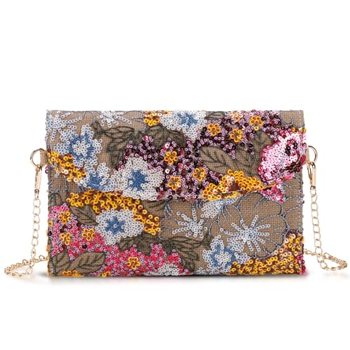 Image of Clutch Purses for Women, Envelope Package, Sequin Embroidered Flowers Straw Bag, Bohemian Handmade Handbags