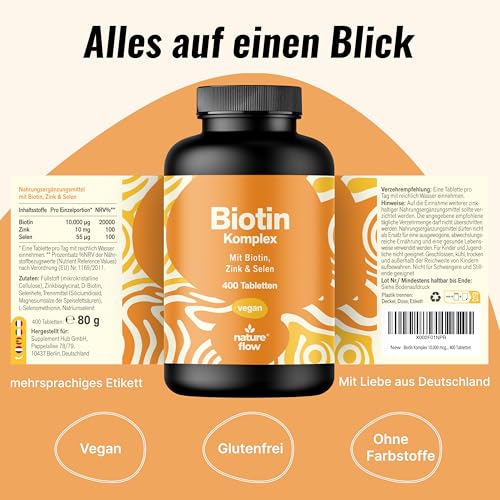 Biotin hochdosiert - 10.000 mcg - 400 Tabletten - Komplex mit Zink & Selen - Vegan & produziert in Deutschland - Verpackung kann variieren