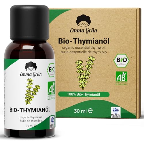 Emma Grün Bio Thymianöl [100% Naturrein] - Ätherisches Öl 30ml - Würzig-Frisches Thymian Öl zum Einnehmen - Ätherische Öle aus Bio Thymian in LEBENSMITTELQUALITÄT - Essential Oils Aus Griechenland