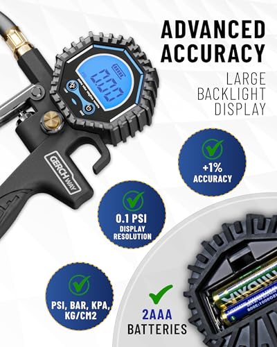 Presta Valve Adaptor - Digital Bike Tire Gauge & Inflator ±1% Accuracy - 200 PSI