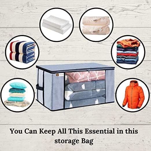 Underbed Wardrobe Rectangular Storage Organizer Bag with Large Transparent Window and Side Handles (Grey, Length : 45 cm, Width : 65 cm and Height : 31 cm)- Pack of 4 Pc