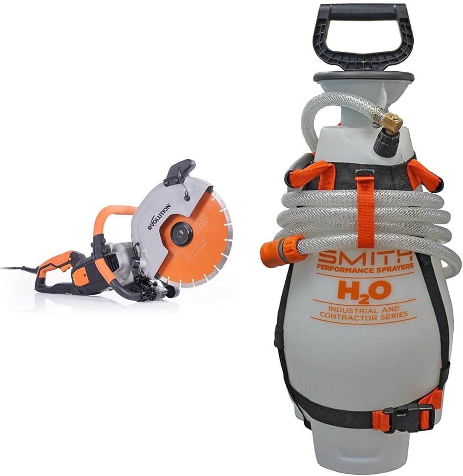 Evolution R300DCT+ 12 Inch Concrete Saw with Water Fed Dust Suppression & Smith Performance Sprayers 190552 3-Gallon Water Supply Tank for Core Drilling