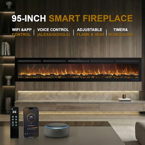 Image of 95 inch Electric Fireplace, Recessed or Wall Mounted, 5.5 inch Deep, 750W /1500W Quartz Heater, WiFi App, Alexa and Google Home, 13 Flame Colors