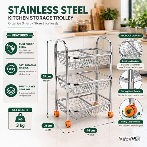 Image of OBEROI'S TRADERS Stainless Steel Vegetable & Fruit Storage Rack with Wheels, Kitchen Storage Basket Organizer, Rust Proof Stand for Onion, Potato, Fruits & Vegetables Trolley (3 Rack with 6 Partition)
