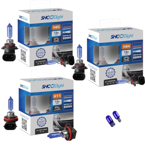 RAFCAR - KIT pares de lâmpadas Super Brancas HB4 HB3 H11 8500K Farol Baixo Alto MILHA+ T10