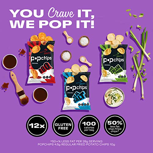 Popchips Potato Chips Variety Pack, Sea Salt, Bbq, Sour Cream & Onion, 12Ct Single Serve 0.8Oz Bags, Gluten Free, Salty Snacks For Adults And Children, Non-Gmo & Kosher, 100 Calories Per Bag #TOP1
