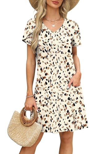 Image of OFEEFAN Womens Summer Dresses 2026 Tulip Petal Short Sleeve V Neck Loose Swing Sundresses with Pockets Plain /Print