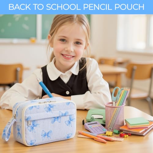 Image of WOBAGMEN Cute Pencil Case,Large Corduroy Zippered Pencil Case Pouch, aesthetic Pencil Bag with Compartments(Blue Bow)