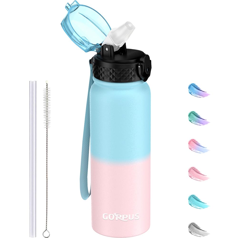 GOPPUS 600ml/20oz Stainless Water Bottle with Straw Double Wall Insulated Bottles with Strap One Hand Open Vacuum Thermal Flask Leakproof Keep Cold Bottles with Flip Top Lid BPA Free (Blue Pink) — image 1