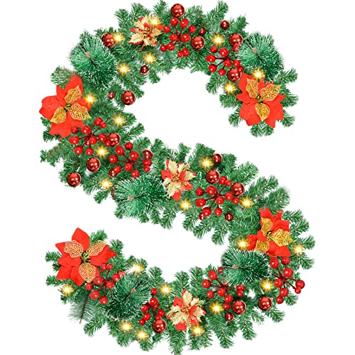 Guirlande Sapin Artificiel, 270cm Guirlande Noel Decoration Noel Interieur Couronne Sapin Vert Arbre avec LED Fruits Rouges pour Chambre Porte Mur Fenêtre Escalier Cheminée Cover