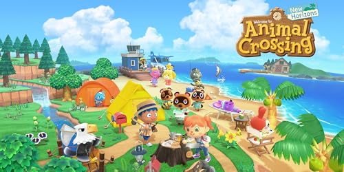 Escena vibrante del juego Animal Crossing: New Horizons con personajes y entorno playero