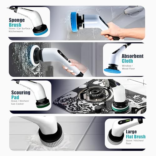 Image of Elebe Electric Spin Scrubber - 7 Replaceable Brush Heads, Electric Cleaning Brush 2 Speeds, Adjustable & Detachable Long Handle, Bathroom Cleaner Brush Electric 300 /450 RPM