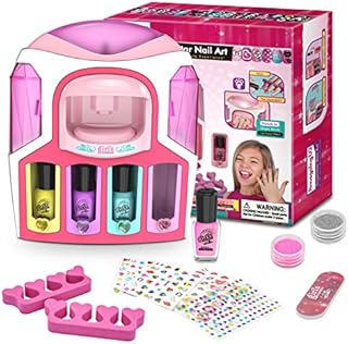 Amagoing Kids Nail Art Kit for Girls, Nail Salon Set with 2 in 1 Dryer, 4 Colorful Peelable Nail Polishes, Fashion Icons Stickers, Glitter Powder, Nail Studio Manicure Play Party for Girls Ages 7-12
