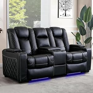 Home Theater Seating with Ambient Lighting Electric Power Loveseat Recliner with Adjustable Headrest Faux Leather Dual Recliner with Hidden Arm Storage Cup Holders and USB PortsBlack