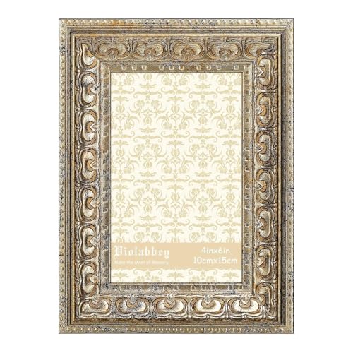Image of VIOLABBEY 4x6 Picture Frame Gold, Vintage Photo Frame | Small Antique Ornate Frame, Wall or Tabletop Display, Classic Design for Home Office Decor, Fits 4x6 Pictures