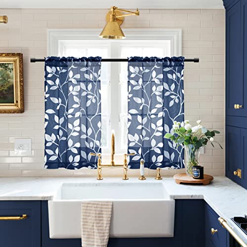 Image of XTMYI 30 Inch Length Small Curtains for Bathroom Window Rod Pocket Nautical Country Cafe Leaf Sheer Tier Curtains for Kitchen,30L,Navy Blue and White