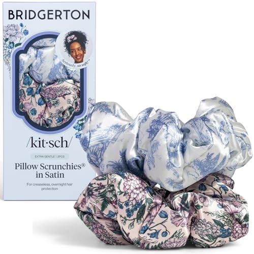 Image of Bridgerton x Kitsch Satin Scrunchies for Women, No Snag, No Tugging, Soft & Comfortable Scrunchies for Girls, Perfect for Day or Night | Ideal Gifts for Women - Toile De Blue, 2pcs