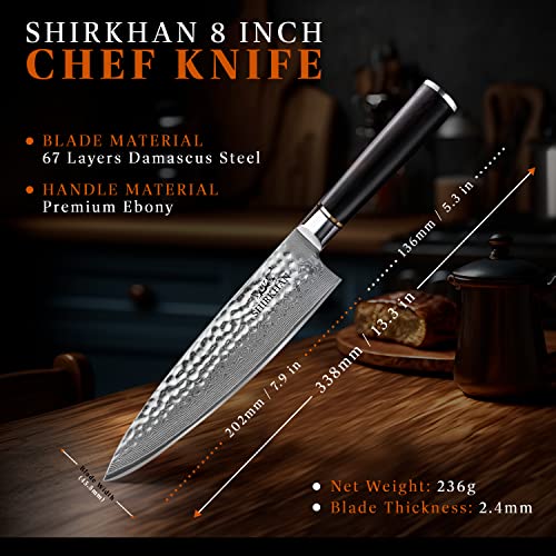 Shirkhan Japanese Damascus Kitchen Knives 2 Pcs Set - Chef & Utility Knife - 67 Layers - High Carbon 10Cr15Comov Ultra Sharp Hand Hammered Steel Blade - Ergonomic Ebony Wood Handle #TOP1