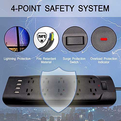 10Ft 2 Prong Power Strip 3Meters Extension Cord, Polarized 2 Prong To 3 Prong Outlet Adapter With 5V 3.4A Usb,700J Surge Protector, Wall Mountable, Ideal For Non-Grounded Outlets, Black #TOP3