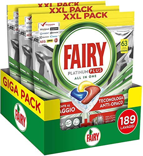 Fairy Platinum Plus Spülmaschinentabletten - 189 Waschgänge - 3 Packungen mit je 63 Waschgängen - matt