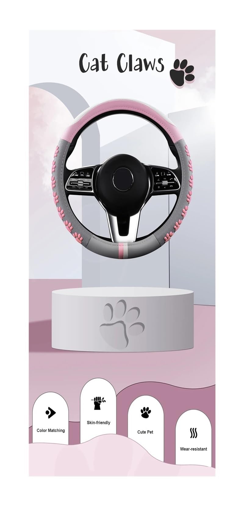 Funda para Volante Funda Universal para Volante De Coche De 38 Cm con Diseño De Garras De Gato, De Piel, Color Rosa Protector Volante(O Gray)