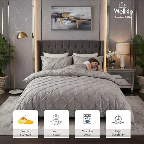 Image of Pinch Pleated Duvet Cover Set 1000TC 100% Cotton Premium 3-Pieces 1-Duvet Cover & 2-Pillow Cover Luxury Look Home and Hotel Zipper & 8-Tie Closure (Light Grey, King 92 X 106 Inch)