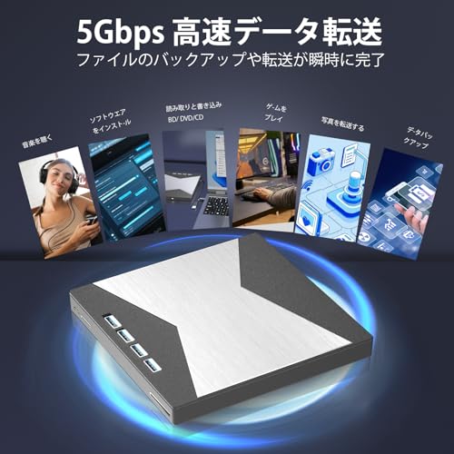 【2025革新版】ブルーレイドライブ外付け 4K UHD再生対応 ブルーレイプレーヤー BD/DVD/CDプレーヤー 再生/読み込み/書き込み対応 高速・静音 USB3.0/Type-C両接続 多機能blu-ray TF/SDカードリーダー付き 高速 読取・書込 外付けbdドライブ ブルーレイプ 軽量 外付けブルーレイドライブ Windows 11 10/8/7/XP Mac対応