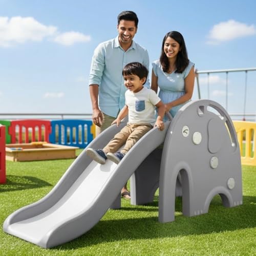 Image of Toyzone Happy Jumbo Slide (Grey & White) | Baby Play Slide | Indoor & Outdoor Kids Slide | Easy Assembly | Safe Rounded Design | BIS Certified | Made in India | Kids Slide for 1-4 Years, Upto 50 kgs
