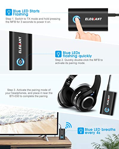 Bluetooth 5.0 Transmitter Receiver, ELEGIANT 2-in-1 Bluetooth Adapter with 3.5mm AUX Stereo Output(Low Latency,Pair with 2 Bluetooth Devices Simultaneously) for PC/TV/Home Car Sound System - Thumbnail 5