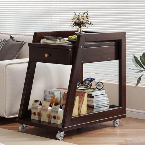 RYDZCLH Bureau De Canapé en Bois avec roulettes Verrouillables, Petite Table D'appoint Roulante, Plateaux TV avec Tiroirs De Rangement, Tables De Canapé...