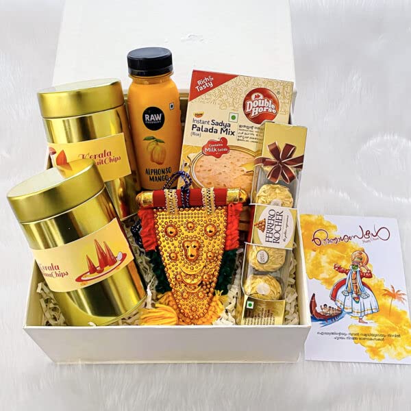 Angroos Kerala culture special gifts with hand craft Nettipattam and jackfruit chips,instant sadya palada mix 200g, Ferraro rocher 4 pieces, Mango juice 200ml