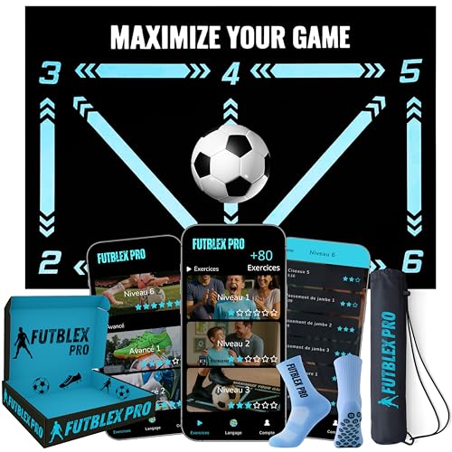 Tapis Entrainement Foot – Inclut une Application d’Entraînement avec Vidéos Interactives et Programmes Progressifs + Chaussettes Antidérapantes, Sac de...