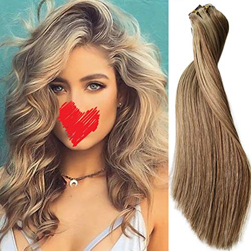 Real Human Hair Extensions Balayage Clip in Hair Extensions Brown Clip in Hair Extensions 2 Tone Ash Brown Highlights Chestnut Brown Full Head Long Thick Straight Brunette 8PCS(14 Inch,8P/8#)100g
