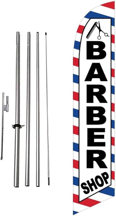 Barber Shop 15 Foot Tall Swooper Feather Flag with Pole Kit and Ground Spike - Perfect for Haircuts Salon outdoor signs