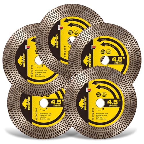 PRETEC Diamond Saw Blades, 4-1/2" Tile Blade for Angle Grinder, 4.5" Diamond Saw Blades, Ceramic Blades for Cutting & Grinding Porcelain, Granite, Marble, 7/8"-20mm Arbor-5PCS by PRETEC - Used condition - US$33.29