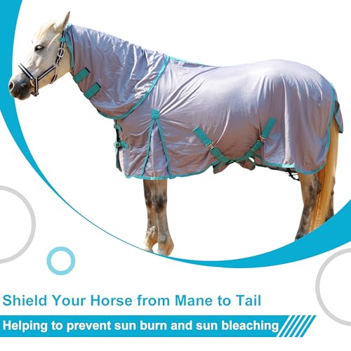 Miniatura 4 de Alfombra De Malla Para Caballos Sábana Ligera De Verano Con Cuello Completo Desmontable Y Cubierta Para El Vientre, Protección Uv, Color Gris, 5 Pies 9 Pulgadas