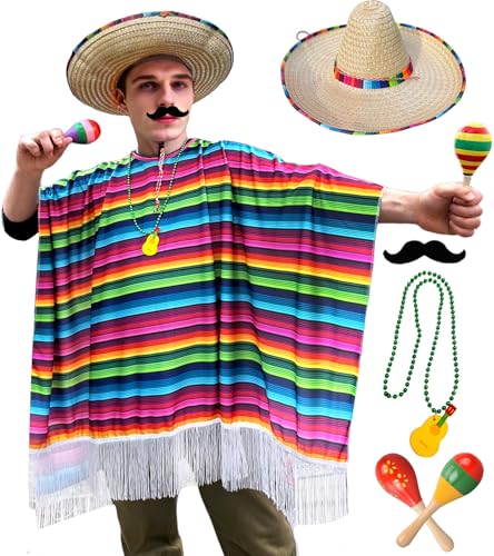 6pcs Mexican Poncho Sombrero Hats Cinco De Mayo Outfit Mariachi Costume Adult Maracas Fake Mustache Necklace Halloween