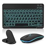 DUSEKI Backlit Bluetooth Keyboard and Mouse Set Rechargeable Wireless Keyboard with Phone Holder for iPad Samsung iOS Android Portable Design Universal QWERTY UK Keyboard Layout(Black)