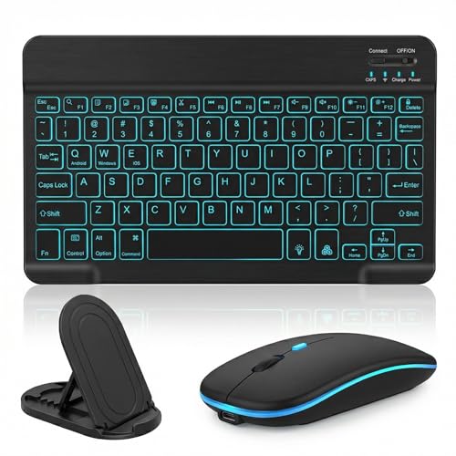 DUSEKI Backlit Bluetooth Keyboard and Mouse Set Rechargeable Wireless Keyboard with Phone Holder for iPad Samsung iOS Android Portable Design Universal QWERTY UK Keyboard Layout(Black)