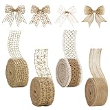KINGLAKE 4 Rolls Natural Jute Burlap Ribbon - 1.6-2 Inch x 15.3 Yds Lace Ribbons Spring Burlap Wired Ribbon...