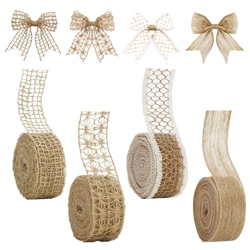 KINGLAKE 4 Rolls Natural Jute Burlap Ribbon - 1.6-2 Inch x 15.3 Yds Lace Ribbons Spring Burlap Wired Ribbon for Crafts Gift Wrapping Big Bows Christmas Tree Wreaths Outdoor Party Home Decorations