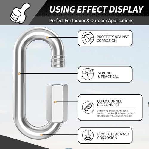 15 Pack Heavy-Duty Chain Hooks Quick Links - 304 Stainless Steel 1/8" Locking Carabiner Anti-Rust Chain Connector Quick Link for Towing,Swing,Shade Sail,Bird Toys,Capacity 175lb - Thumbnail 6