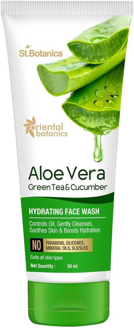 Oriental Botanics Aloe Vera, Green Tea & Cucumber Hydrating Face Wash, 50 ml | Infused with Aloe Vera, Green Tea & Cucumber | Hydrates & Gently Cleanses | No Parabens & Sulphates | Cruelty Free