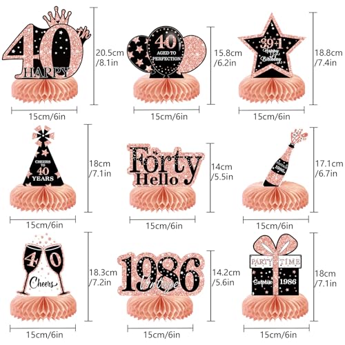 Image of 9Pcs 40th Birthday Decorations Honeycomb Centerpieces for Women, Rose Gold Pink Happy 40th Birthday Centerpieces Tables Toppers Party Decorations Supplies, Vintage 1986 Aged Table Sign Decor