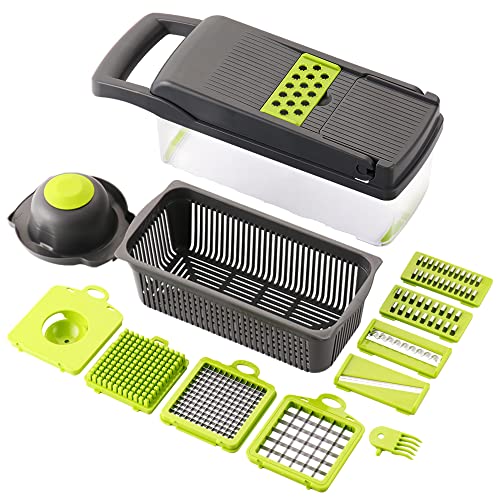 KEOUKE Vegetable Chopper Slicer Dicer - 12 -in -1 Onion Chopper Fruits Cutter Mandoline Slicer Food Chopper Cutter with 7 Stainless Steel Blades, Adjustable Slicer & Dicer with Storage Container