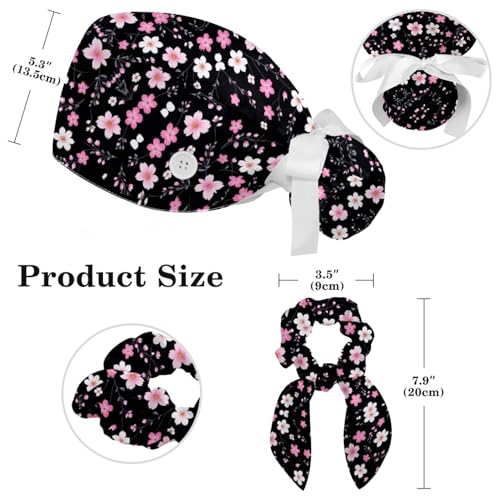 Scrub Caps Women with Button,Adjustable Surgical Caps with Ponytail Pouch,Seamless Pink Floral Cherry Blossom Working Cap with Bow