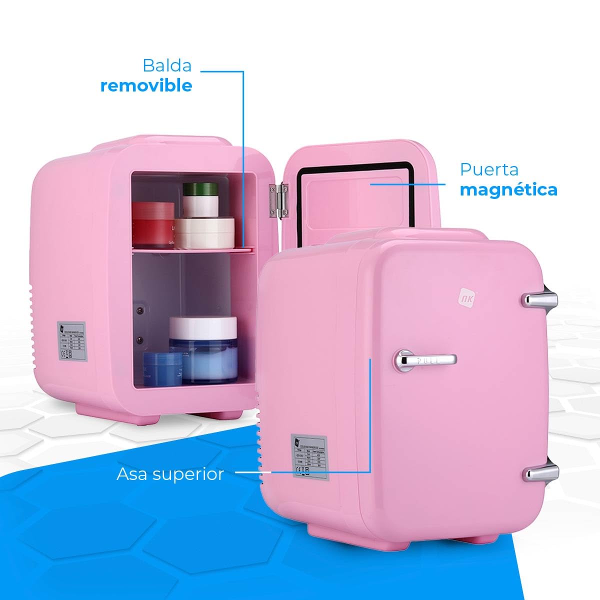 NK Mini Nevera Portátil, 4 Litros de Capacidad, Funcionamiento 12V-220V, Función Enfriamiento y Calentamiento, Para Cosméticos y Refrescos, Rosa