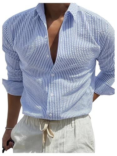 Men's Striped Dress Shirts Button Down Long Sleeve Collared Office Work Tops